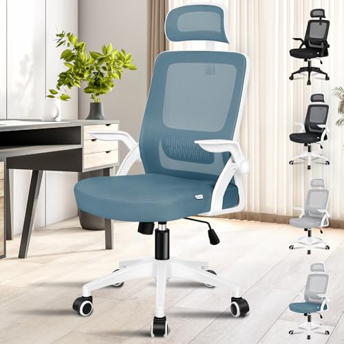 ALFORDSON Mesh Ergonomic Office Chair with Adjustable Headrest & Flip-up Armrest, Tilting Executive Computer Desk Chair with Gas-Lift, Swivel Gaming Chair(Arco Blue)