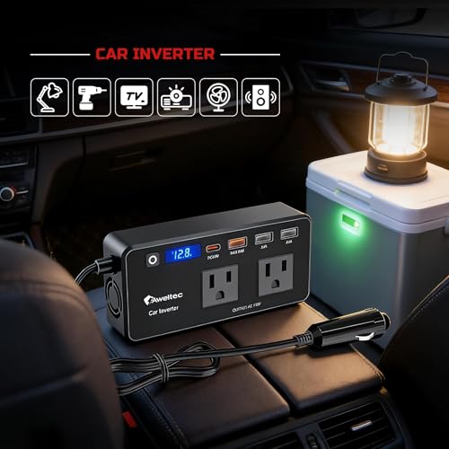 AWELTEC 200W Power Inverter for Car – DC 12V to 110V AC Converter with LED Display & 4 USB Ports (24W PD USB-C) – Compact Vehicle Adapter for Laptop, Tablet, Phone – Road Trip Essential