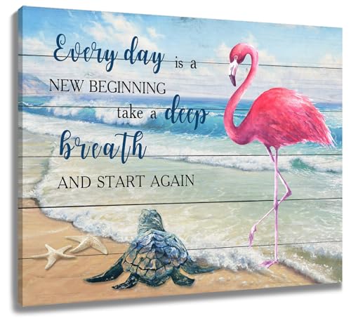 Toile océan tropical et flamant rose pour décoration bord de mer de salon
