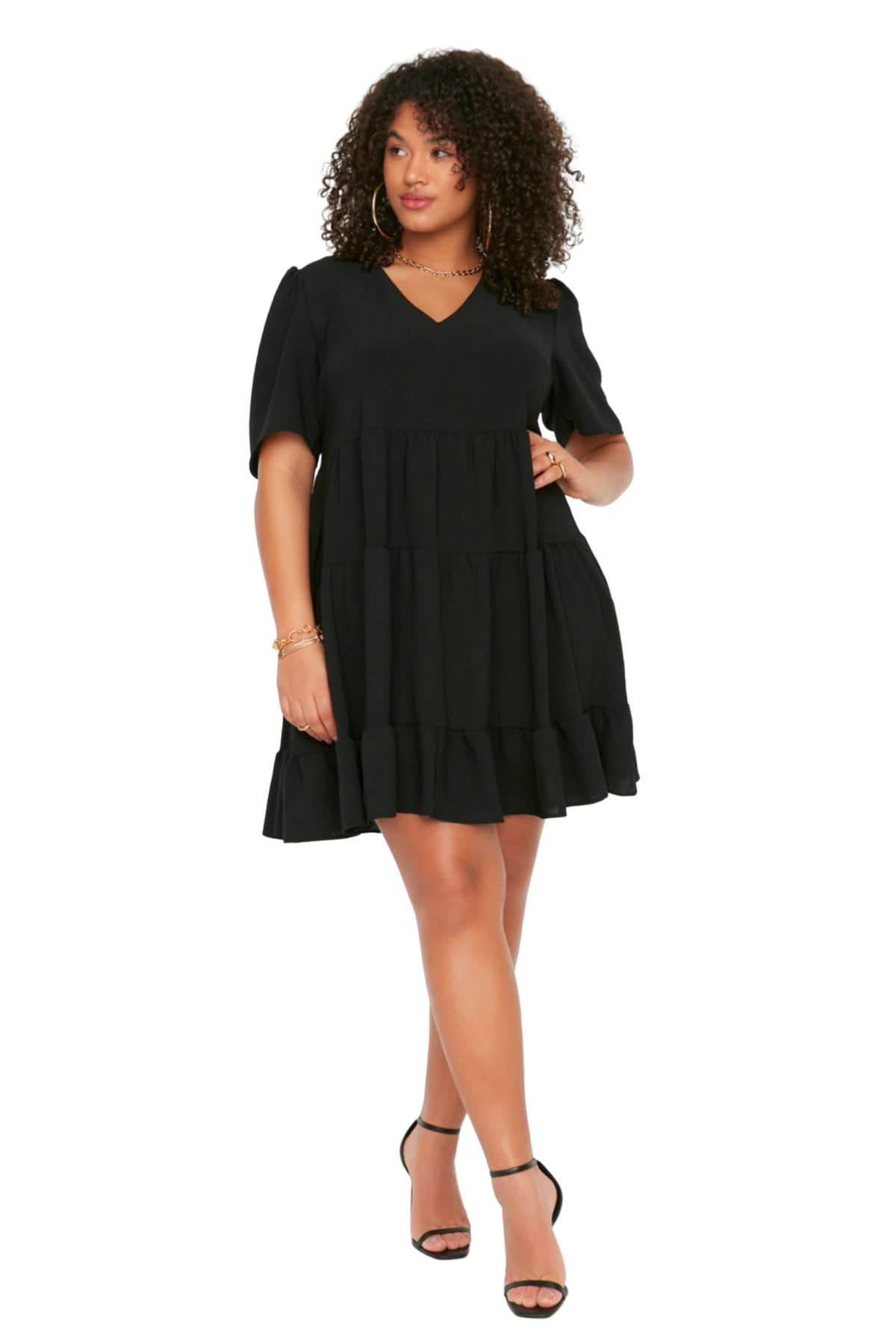 Trendyol Damen Kleid, A-Linie, lockere Passform, gewebt, Übergröße, Schwarz, 70