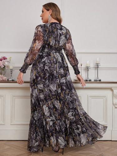 Image of Spring Summer 2024 Plus Size Womens Dresses V Neck Casual Elegant Long Sleeve Floral Print Maxi Dress