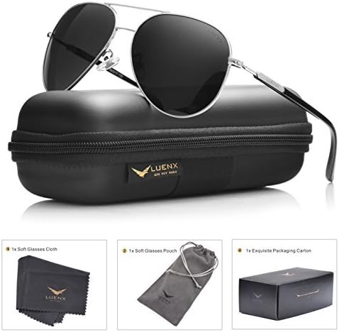 LUENX Mens Womens Sunglasses Aviator Polarized Black, LightWeight Metal Frame,Large 60mm Lens,with Case,for Driving,Fishing,Outdoor,Travel