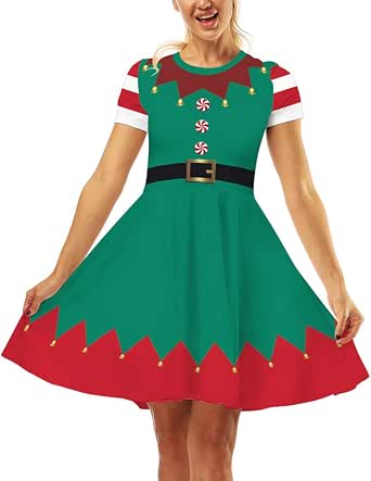Ainuno Ugly Christmas Dress for Women Red Green Print Holiday Dresses