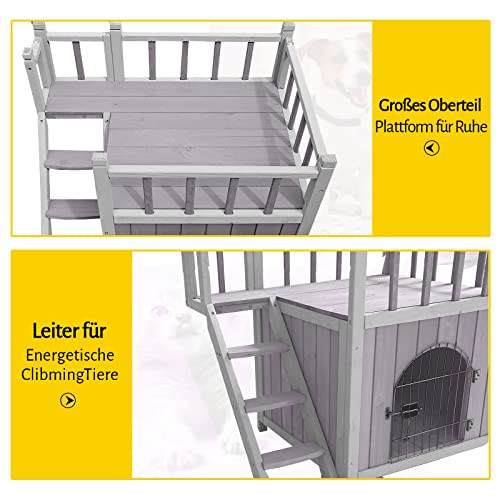 Katzenhaus Hundehaus Katzenhöhle 2-Schicht,Verbindung mit Terrasse und Treppe für drinnen und draußen 69.5x48.5x65.5 cm
