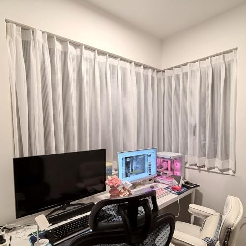 Adjustable Ultra Thin Double Track Curtain Rod Set 19.6ft - White Bay Window Design Perfect for Home & Office Décor, Stylish & Functional Window Treatment Solution