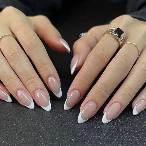 French Press On Nails Almond White Tip Acrylic Fake Nails 24pcs