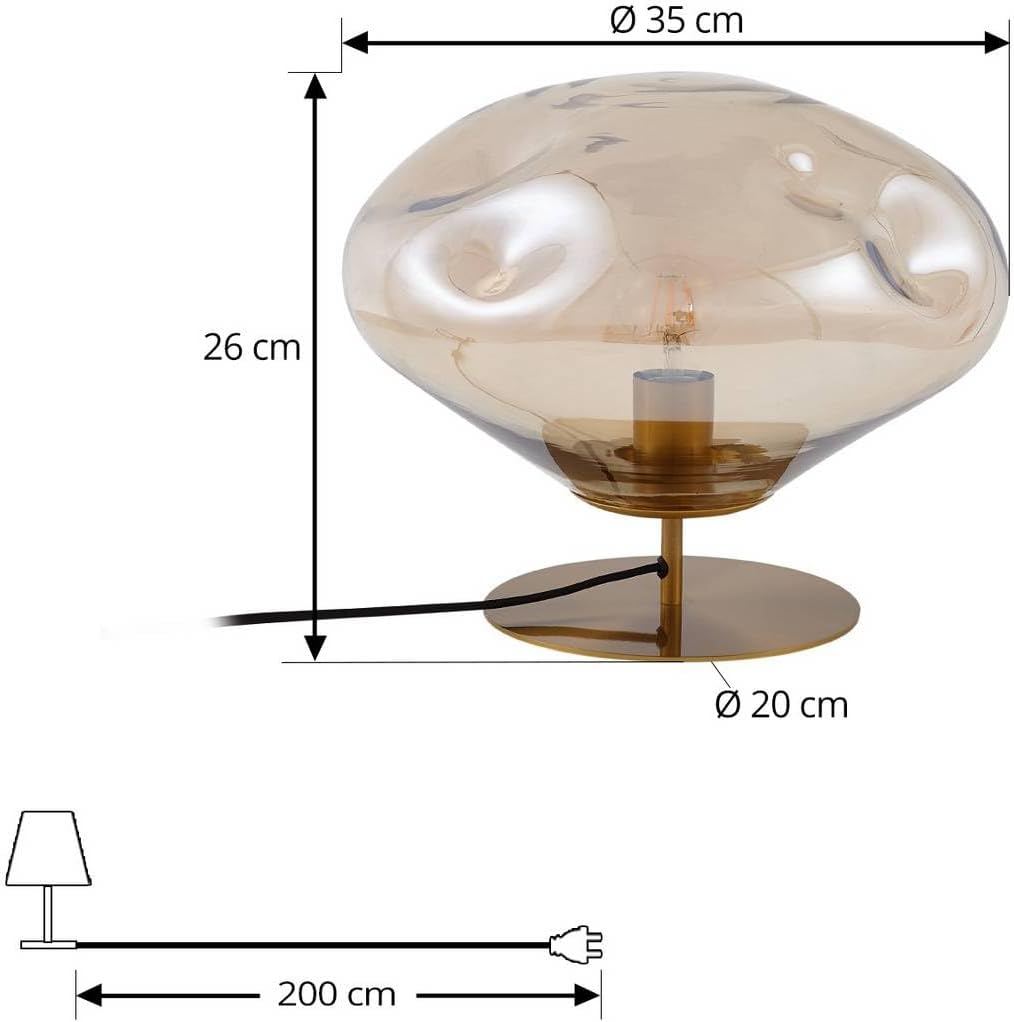 Diagram showing the dimensions of the Lindby Lelia table lamp: 35 cm diameter, 26 cm height, 20 cm base diameter, and 200 cm power cord length.