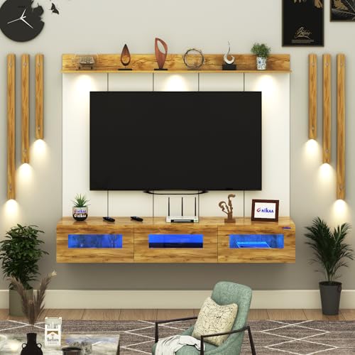 Image of Anikaa RayzaPro Engineered Wood Wall Mount TV Unit with PVC Back Panel, Acrylic Blue LED Storage Box, Side Wooden Accent Spot Light Panels I Deal for Up to 50 Inch TV (Giantwood - DIY Installation)