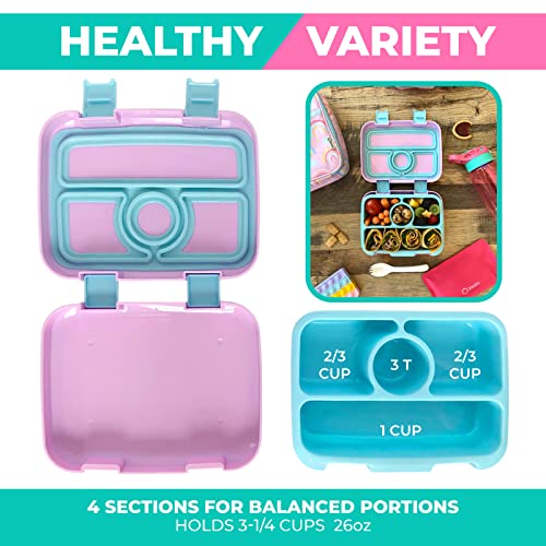 Image of Bento Lunch Box with Thermo for Kids Set, Insulated Lunch Bag with Ice Pack, Stainless Steel Food Jar for Hot Soup, Boxes with 4 Compartments for Girls Toddler Snacks Lunches, Purple Rainbow