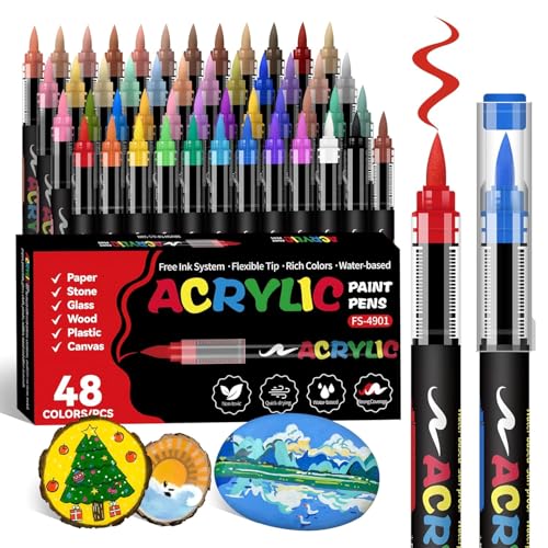 Image of Acrylic Paint Markers Brush Tip, 48 Vivid Colors with Direct-Liquid Ink System, Professional-Grade Paint Pen for Rock Painting, Canvas, Glass, Plastic, Fabric & Creative Crafts