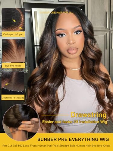 Image of Sunber Ombre Brown Balayage Body Wave Human Hair Glueless Wigs Bye Bye Slip Upgrade 3D Cap Pre Cut 7x5 Lace Front Put On Go 3S Wear Pre Plucked Invisible Knots Highlights Brown Body Wave Wig 18Inch