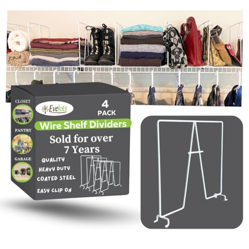 Evelots 4-Pack Wire Shelf Dividers, Tall Steel Closet Shelf Divider | Four tall coated-steel dividers clip onto wire shelves without tools to organize closets, offices, pantries and garages.