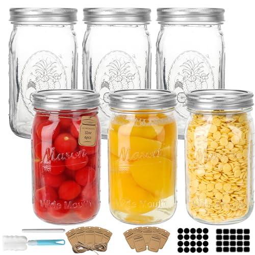 HYCKee 1000ml 6 Pack Mason Glass Jars with Black Lids Clear Regular Mouth Canning Jars for Jelly Jam Honey Wedding Favors Spices and Herbs