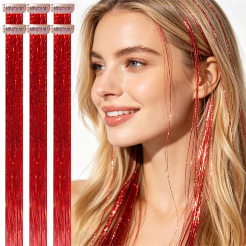Celinebella Red Clip in Hair Tinsel 6Pcs 80 Strands 24 Inches Heat Resistant Vibrant Hair Extensions for Women Teens Holiday Party Christmas Accessories