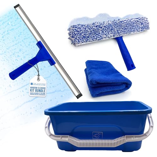Window Cleaning Equipment Kit - Handheld Squeegee Window Cleaner with Rubber Lip, 42cm Cleaning Bucket, Washer Applicator, Microfibre Cloth, Perfect Squeegee Set for Glass Panels, Car, Windows