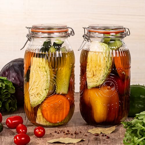 Image of Amzcku Wide Mouth Vintage Mason Jars with Airtight Lid 64oz 2 Quart, Canister Quart Jars for Kitchen Storage - for Coffee, Sugar, Beans 3 Pack