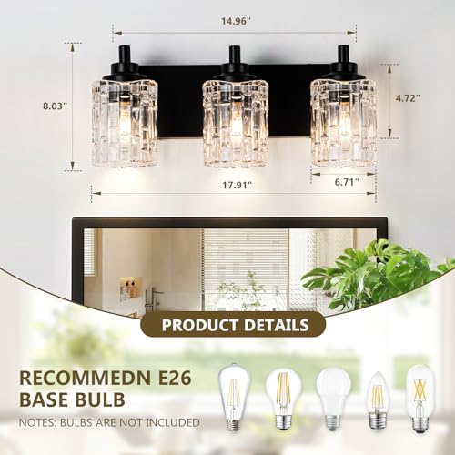 Image of 3-Light Black Bathroom Light Fixtures, Clear Glass Shade | Modern Wall Sconces for Mirror, Vanity Lighting for Bedroom, Hallway, Kitchen, E26 Base Easy Install