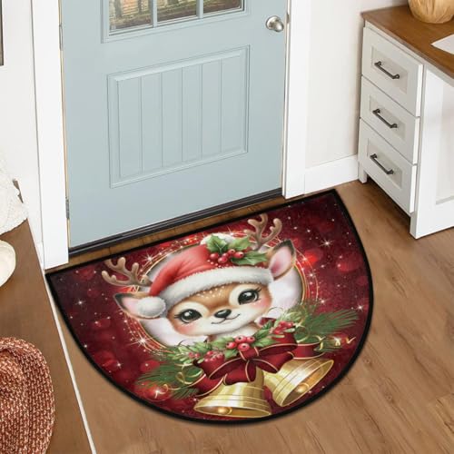 Image of cfpolar Christmas Deer Bells Holly Half Round Door Mat Outdoor Entrance Large 24 inchx36 inch Half Circle Welcome Entrance Way Mat Semi Circular Front Door Mat Area Rug for Garage, Patio, High Traffic Areas