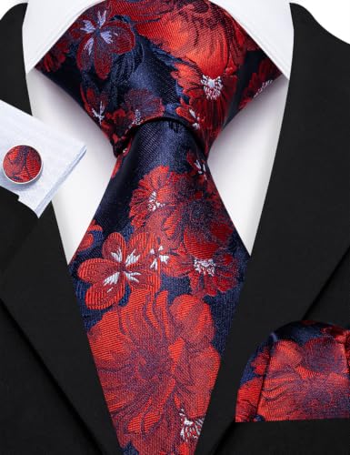 Image of Barry.Wang Flower Ties for Men Silk Woven Floral Tie Sets Necktie Handkerchief Cufflinks Wedding Party