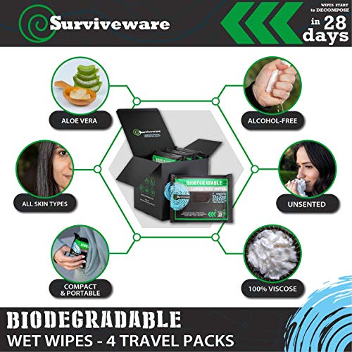 Surviveware Biodegradable Wet Wipes, Travel Pack, Face and Body Wipes for Post Workout and Camping, Wipes for Adults, Large Wipes, 4 Pack X 15 Count - Thumbnail 3