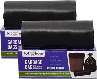 Tot2hom Medium Size Garbage Bags 19 x 21 Inches – Black - Pack of 2 Rolls - 60 Bags | with Tie-String | Strong Leak-Proof Dustbin Covers for Home, Office, Kitchen, Bathroom, hotels, hospitals Price in India