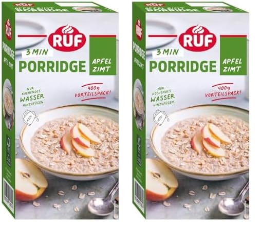 RUF Porridge Apfel Zimt, mit Vollkorn-Haferflocken, feiner Zimt-Note und getrockneten Apfel-Stückchen, für Zwischendurch, Vorratspackung, 1 x 400g (Packung mit 2)