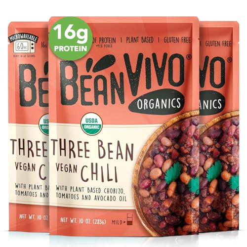 BeanVIVO (Pack of 3) Organics 16g Plant based Protein Three Bean Vegan Chili - Good Source of Fiber - Nutritious & Microwave Meals - Gluten-Free Plant Food - 10 oz