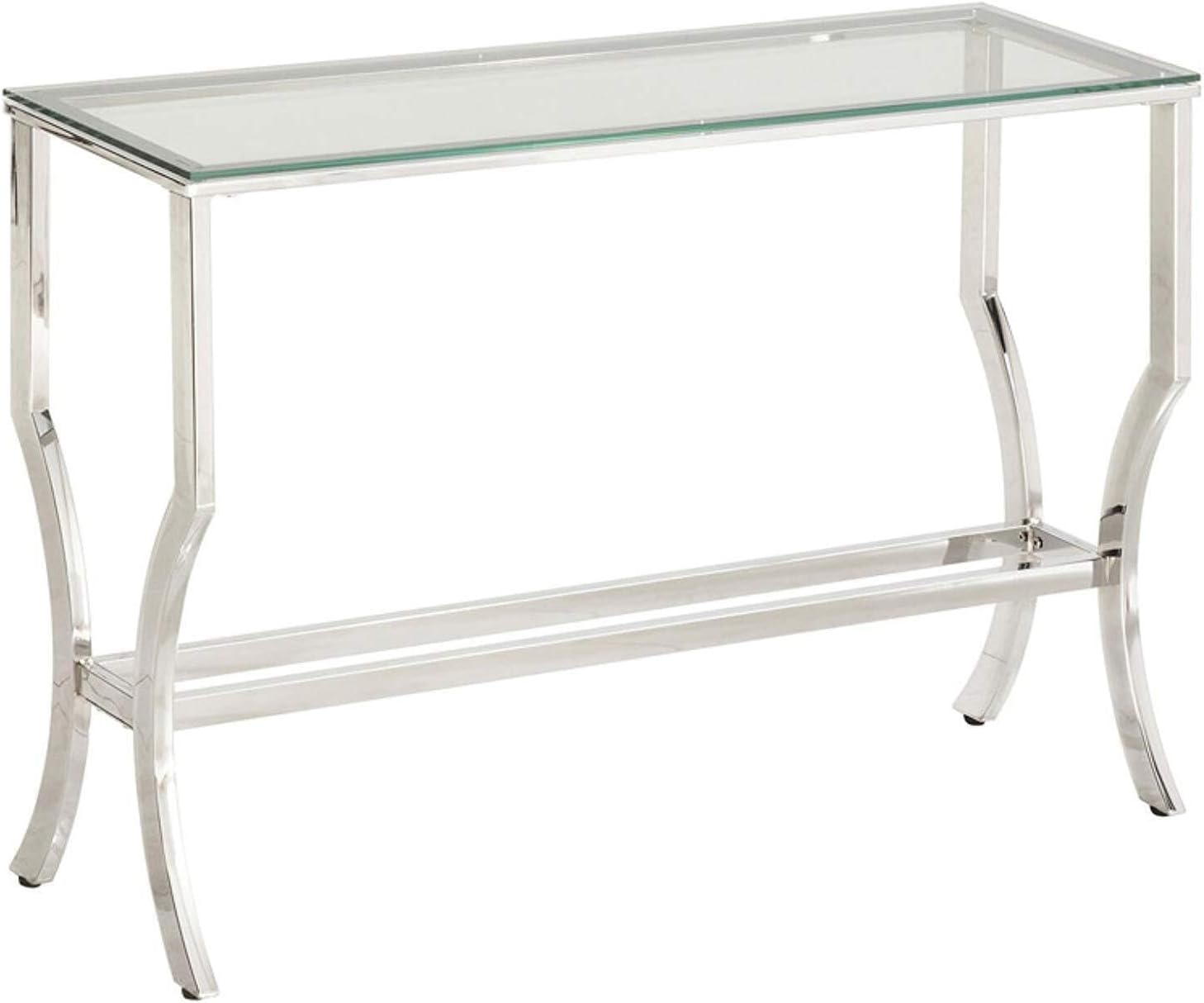 HomeStock Mediterranean Mastery Rectangular Sofa Table W/ Mirrored Shelf Chrome, Rectangular Glass Top Sofa Table, Soft Chrome Finish, Hourglass Legs, Mirrored Storage Shelves, 30"H x 43.5"W x 13.75"D