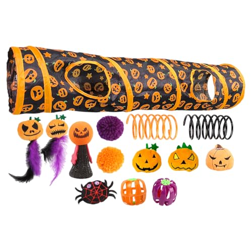 Halloween Katzentunnel- Peekaboo Katzenhöhle mit interaktivem Spielzeug, Aktivitätszentrum | Indoor- Katzenspielplatz, Kätzchen- Unterhaltung, Kleintier- Spieltunnel, stimulierendes Übungsspielzeug für