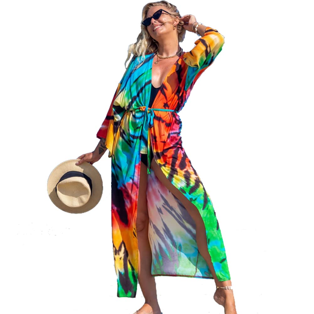 XIVISTO Vestido de Playa Cárdigan Largo Kimono para Mujer Verano Bohemio Pareos Bikini Cover Up