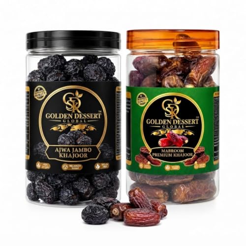 Image of Golden Dessert Global Premium Ajwa Jumbo Dates & Mabroom Premium Dates Combo Pack | Natural Seeded Khajoor | No Added Sugar | Rich in Fiber, Vitamins & Minerals | Healthy Dry Fruit Snack | Premium Quality
