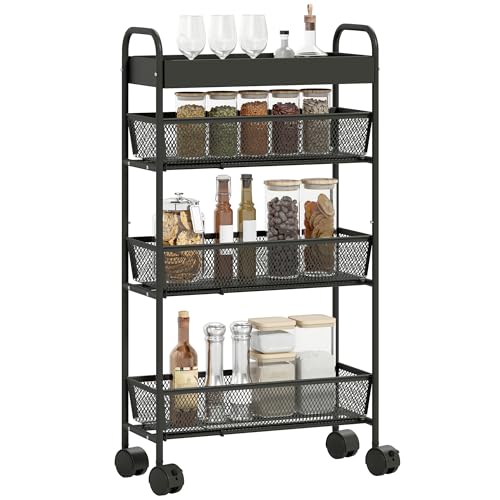 HOMCOM Chariot de rangement à 4 niveaux, 3 paniers coulissants, desserte à roulettes, panier supérieur et poignée, desserte cuisine multifonctionnel pour...