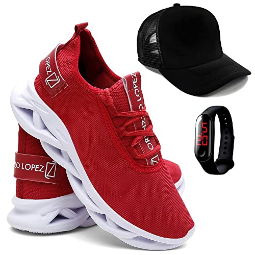 Tênis Masculino de Academia e Corrida Leve e Macio Boné e Relógio - Vermelho/41