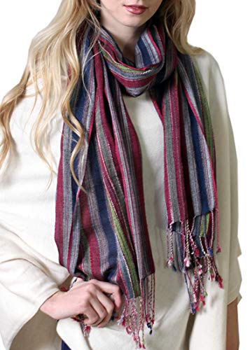 (4 COLORS) Multicolor Shimmer Metallic Stripe Scarf, Women's Lightweight Jewel Pashmina Tassel Shawl