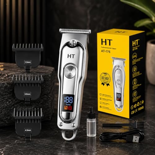 Image of AT-179 Rechargeable Hair Clipper, Golden, T-Blade Design, LED Display, Turbo Mode, with 3 Comb Attachments