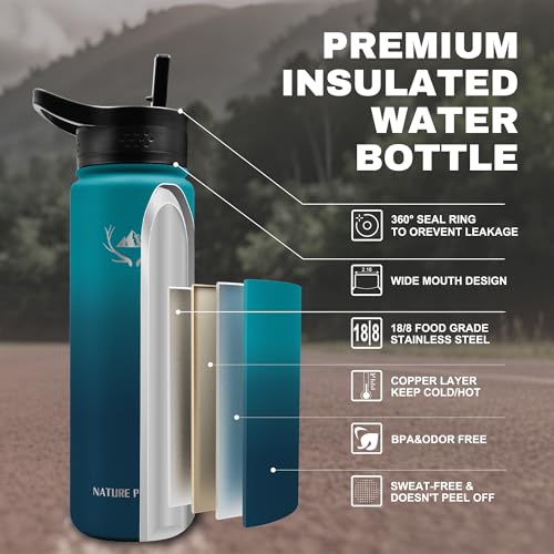 Image of NATURE PIONEOR 24 oz Insulated Water Bottle with Carrier Bag & 3 Lids