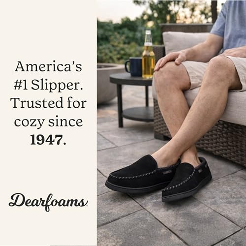 Image of Dearfoams Men's Keaton Moccasin House Shoes With Memory Foam, Indoor Slippers With Wide Widths