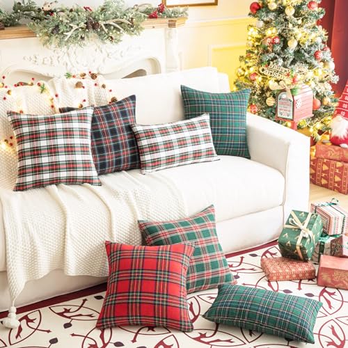 Image of AQOTHES Christmas Plaid Decorative Throw Pillow Covers Green Blue 16x16