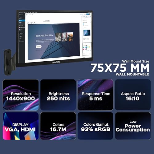 Image of iVOOMi 19 inch HD Monitor for PC with 60Hz Refresh Rate, 1440 x 900 Pixels, Flicker Free, VGA & HDMI Port with Inbox HDMI Cable, Eye Care Features, Wall Mount Option - 1 Year Warranty