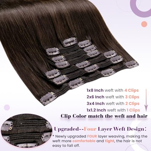Image of LaaVoo Clip in Hair Extensions Real Human Hair Dark Brown Hair Extensions Clip In Darkest Brown 16 Inch 7pcs /135g