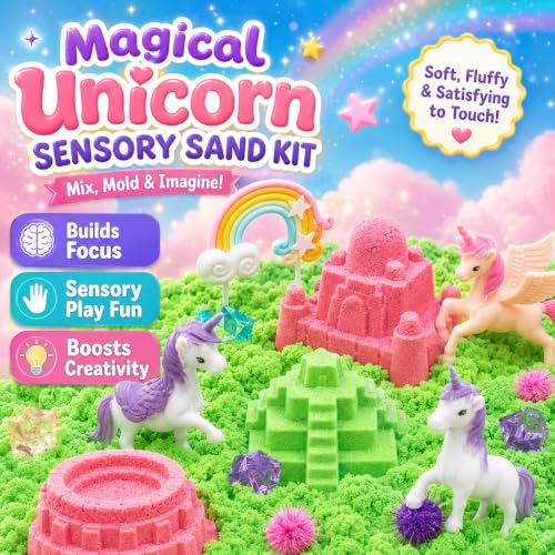 Image of Carolart Unicorn Sensory Bin, Sand Box Kit with Sensory Sand for Girls | Unicorn sand kit , Sensory kit with castle molds and storage bin for creative play, girls gifts for toddlers ages 3+
