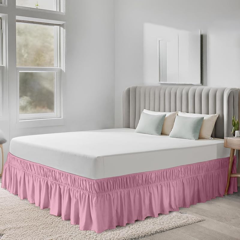 Microfiber Wrap Around Skirt | Solid Easyfit King Size 15 Inch Drop Tailored Wrinkle Fade Resistance Soft Fabric Stylish Design Bedskirts- (Baby Pink, 76 * 80 in)-picture-38