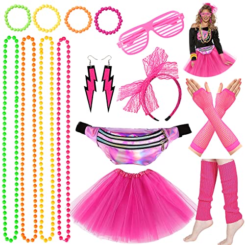 iZoeL Deguisement Annee 80 Femme Déguisement Halloween Femme Accessoire Année 80 Costume Annee 80 Fille Déguisement Disco Femme Tutu Fluo Sac Banane Costume Halloween Fille
