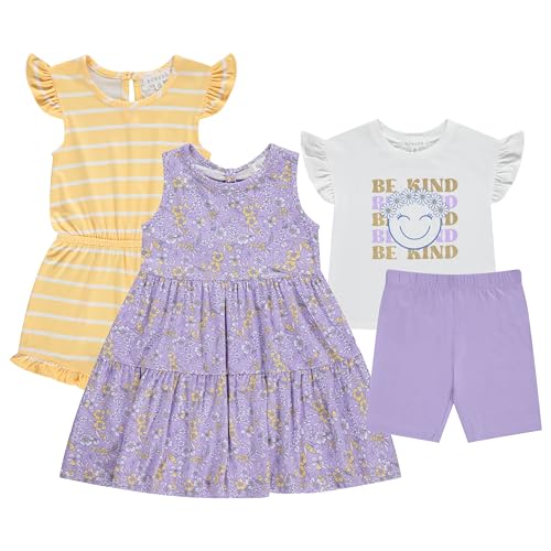 BTween Girls Mix and Match Set 4 Pack Soft Cotton Blend, Shirt. Biker Short, Dress and Romper