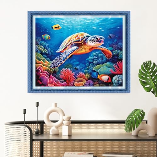 Image of Redxing Stamped Cross Stitch Kits Full Range of Embroidery Starter Kits- Needlepoint Counted Cross Stitch Kits for Beginner Adults 11CT Printed Embroidery Kit-Colorful Turtle 16x20 inch