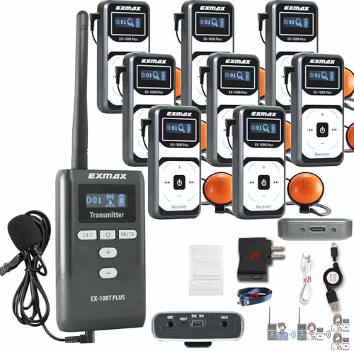 EXMAX EX-100 Plus Sistema de Guía de Audio Inalámbrico 72MHz con 1 Transmisor y 8 Receptores