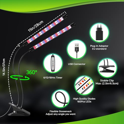 Lampe de Croissance LED 2 Têtes,Lampe pour Plantes à Spectre Complet,Lampe de Plante avec Minuteur,3 Modes de Couleur et 5 Niveaux de Dimming,lampe de culture LED pour Plantes d'Intérieur (Rouge+Bleu) – Image 7