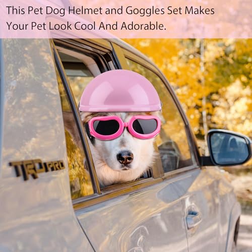Kleiner Hundehelm-Schutzbrille, UV-Schutz, Hunde-Sonnenbrille, Haustier-Hundebrille, Motorrad, Harte Sicherheitshut mit verstellbarem Gürtel, Augenkopfschutz für Welpenreiten, Größe S (Rosa)