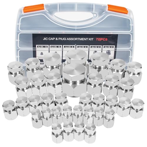 72 Pcs Hydraulic JIC Plug and Cap Kit, 37°Flare Threads Industrial Hydraulic Fittings, Carbon Steel Hydraulic Hose Caps and Plugs Set, Size 4 6 8 10 12 16