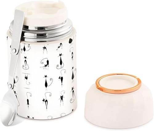 MCHIVER Black Cats - Tarro de comida con cuchara de acero inoxidable aislado al vacío, termo de sopa de 17 onzas para adultos